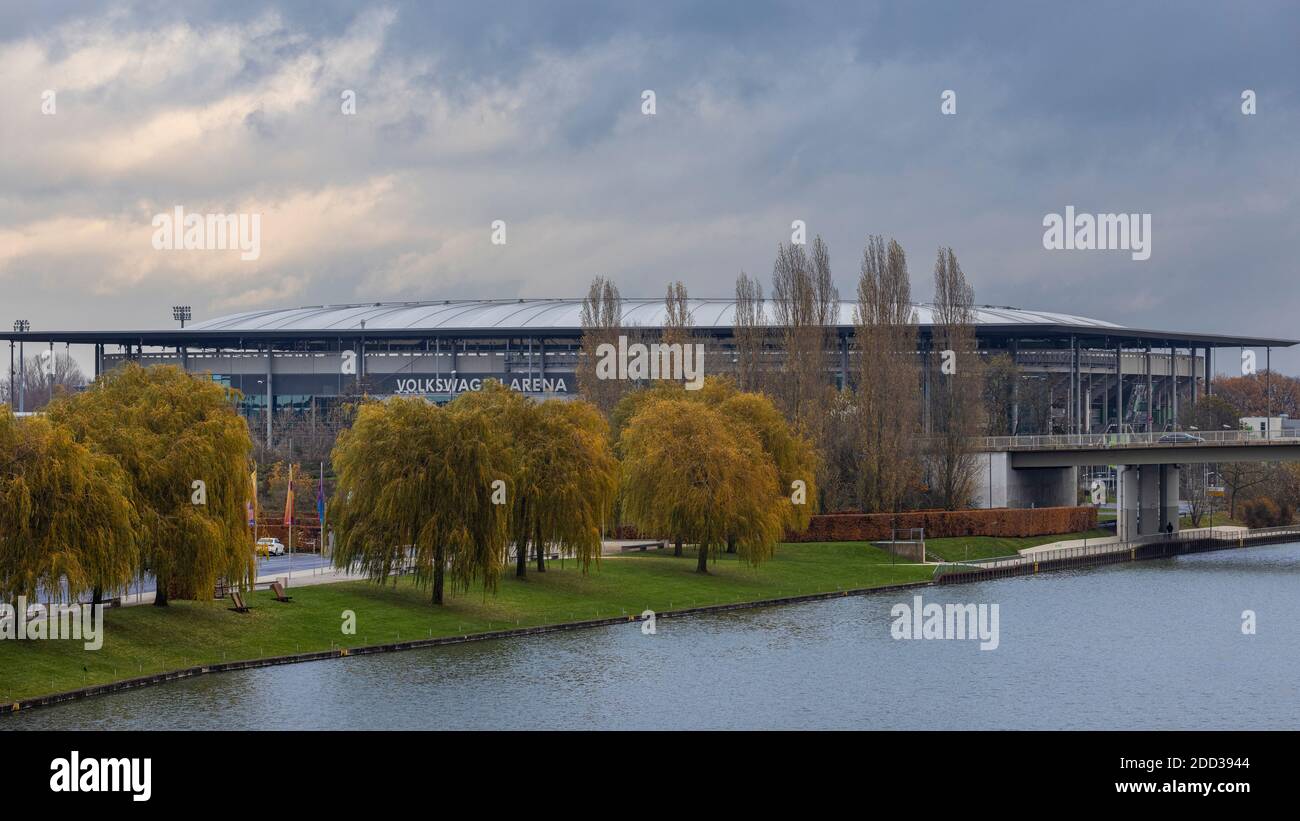 VFL Wolfsburg is a professional football club in Lower Saxony, Germany. Currently games are played without spectators because of coronavirus pandemic. Stock Photo