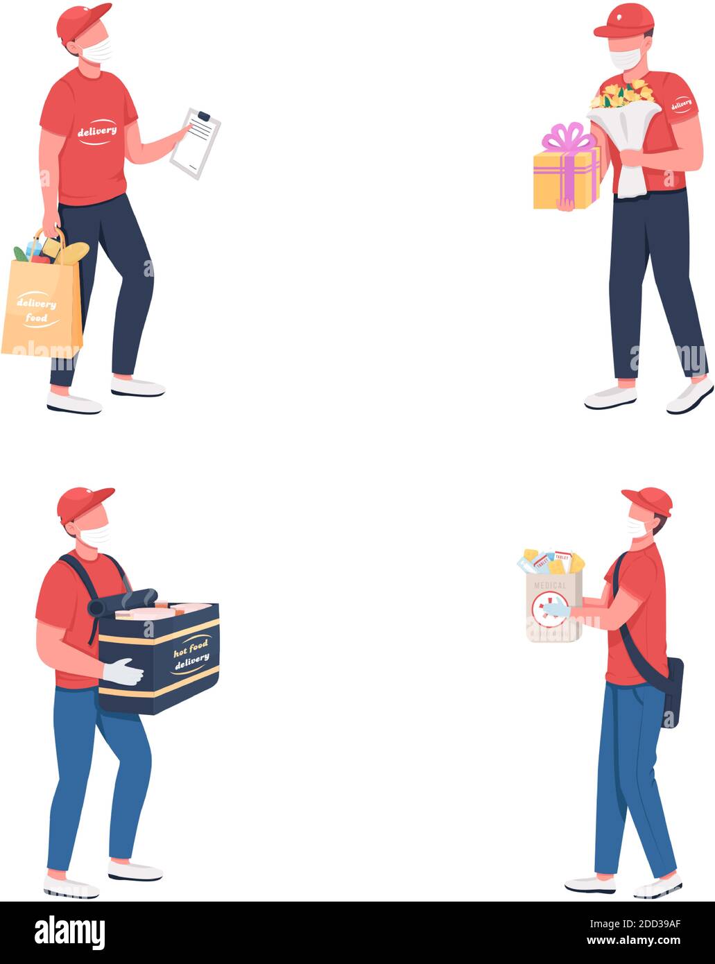 Delivery courier in mask flat color vector faceless character set Stock Vector