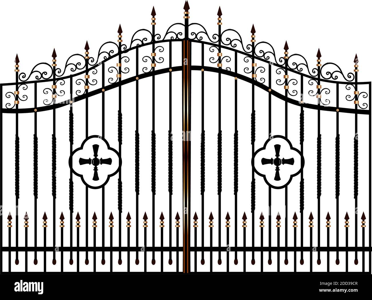 Forged metal gates. Sketch. Victorian style. Artistic forging. Fencing.Doors for the temple, church, Christian cross. Entrance zone front entrance Stock Vector