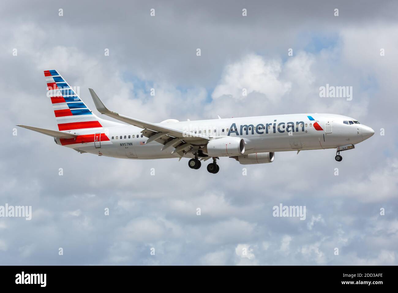 Miami, Florida - April 7, 2019: American Airlines Boeing 737-800 airplane at Miami Airport in Florida. Boeing is an American aircraft manufacturer hea Stock Photo