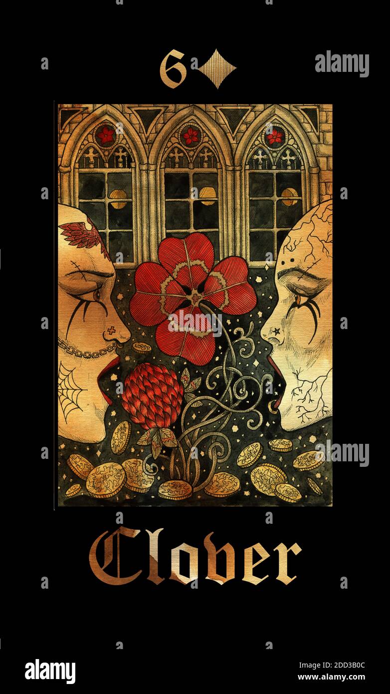 Clover. Card of Lenormand oracle deck Gothic Mysteries. Hand drawn