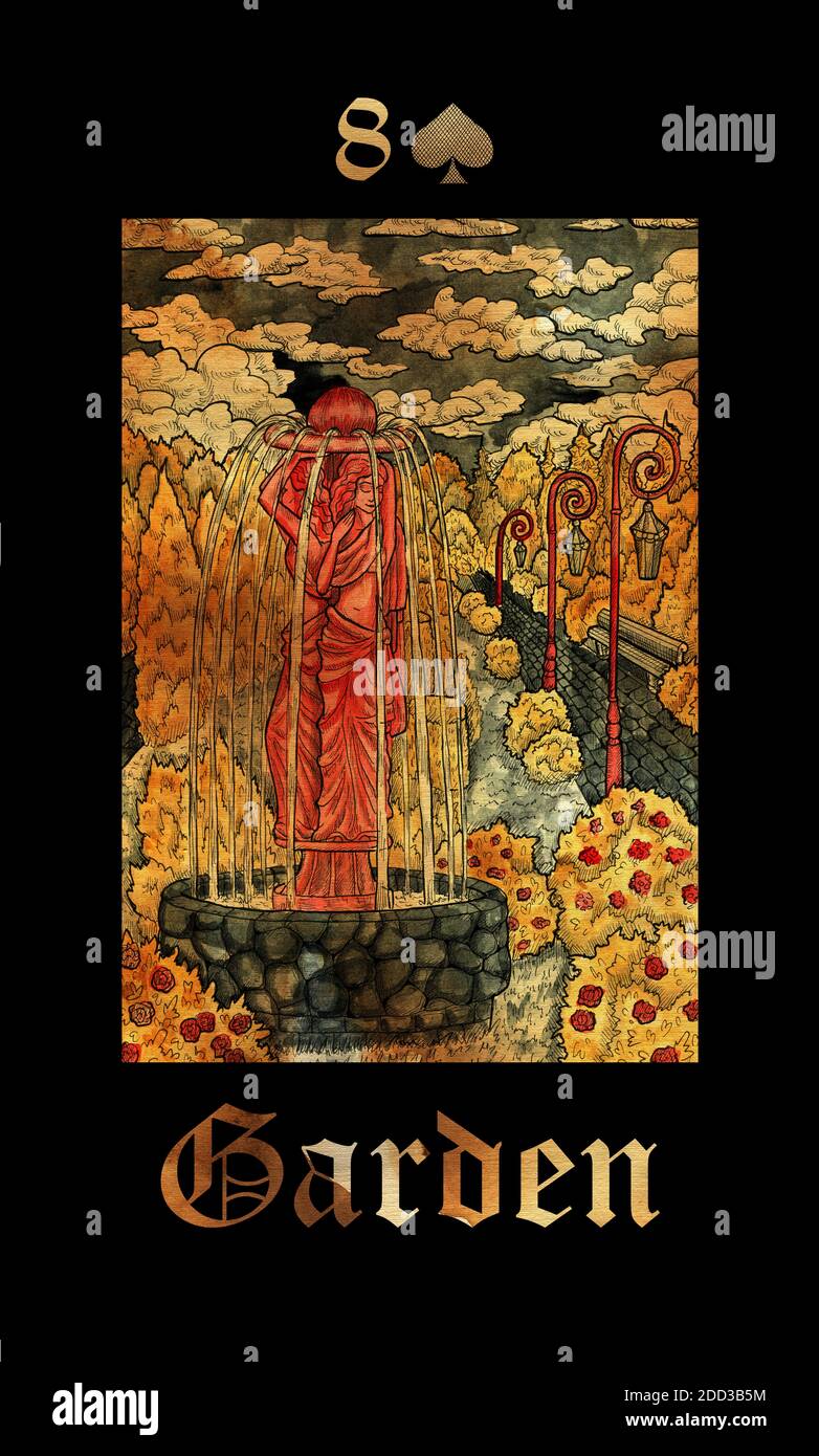 Garden. Card of Lenormand oracle deck Gothic Mysteries. Hand drawn cartoon illustration. Fantasy
