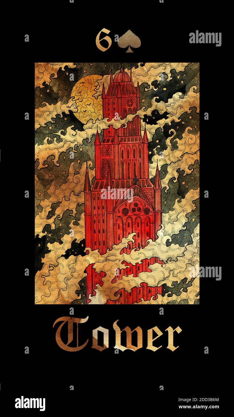 Tower. Card of Lenormand oracle deck Gothic Mysteries. Hand drawn