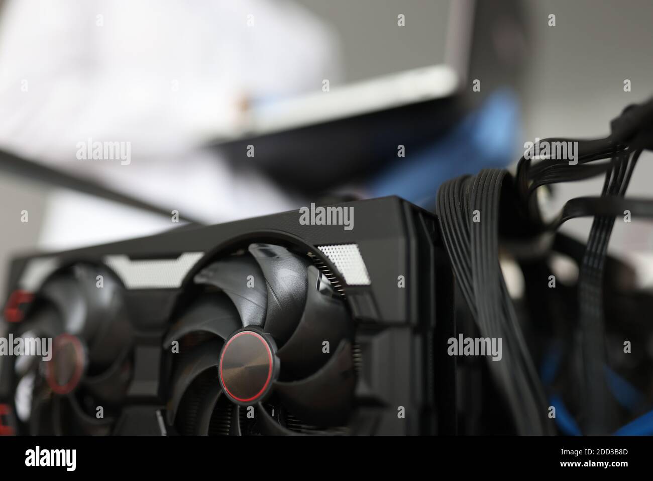 Graphics card in engineering mining farm closeup background Stock Photo