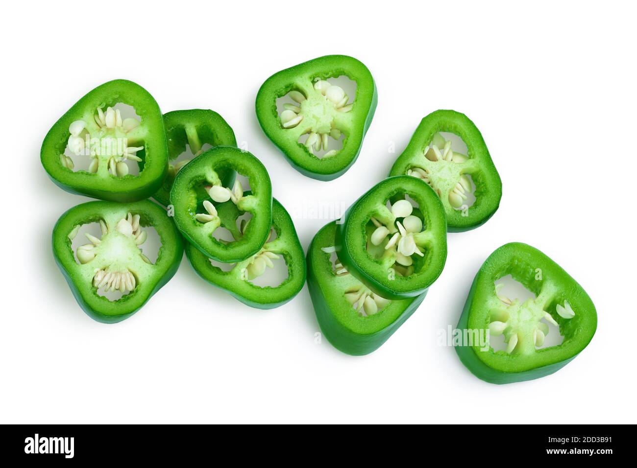 sliced jalapeno pepper isolated on white background. Green chili pepper