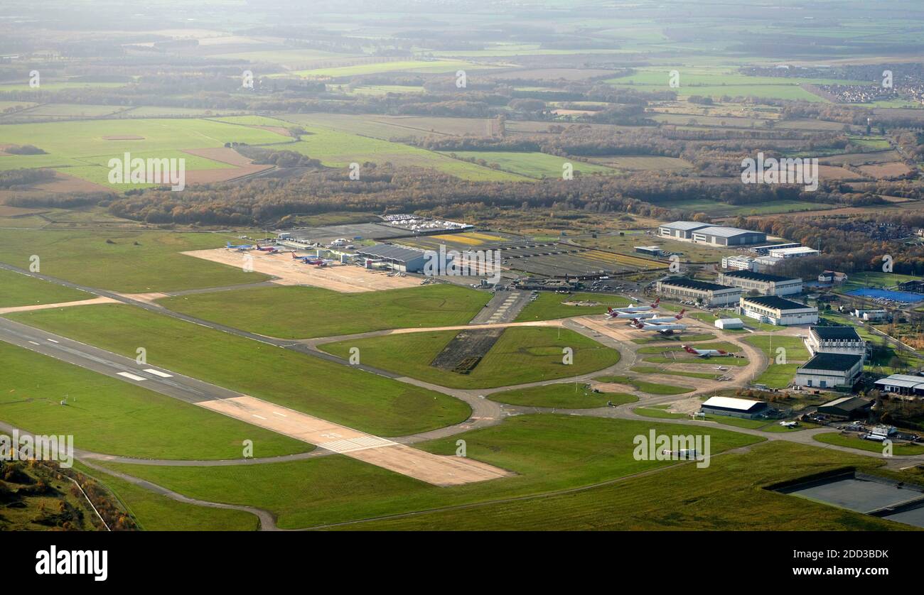 An aerial photograph of Doncaster Robin Hood airport, south Yorkshire, Northern England, UK. showing a pilots eye view Stock Photo