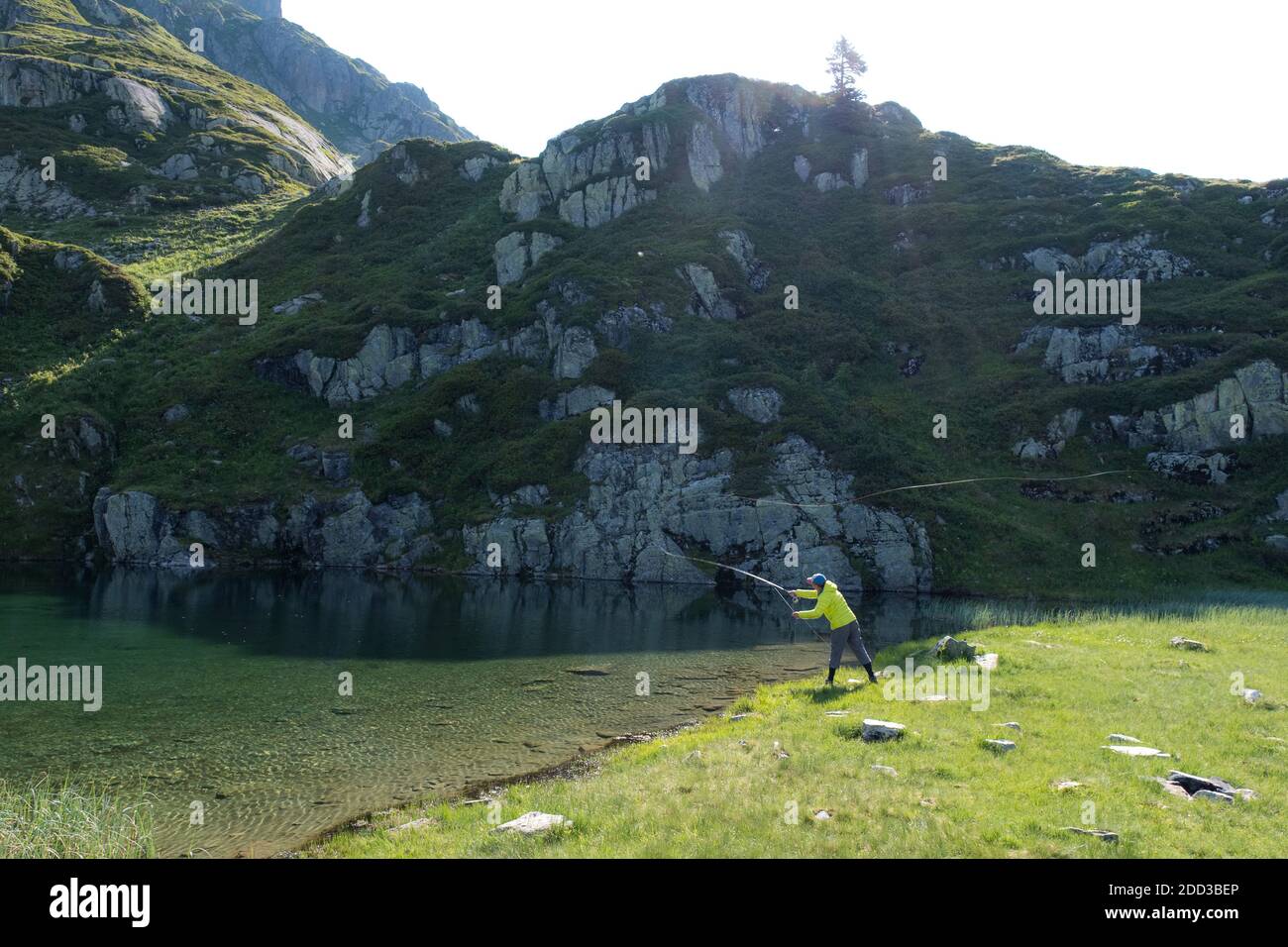 Fly fishing in the “Lac Vert” lake in the Beaufortain Massif (French Alps) Stock Photo