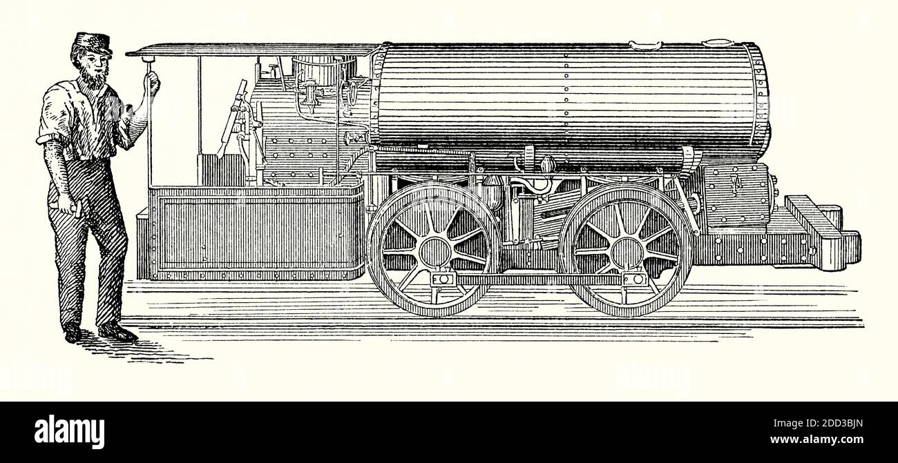 An old engraving of steam locomotive designed for use in mines. It is from a Victorian mechanical engineering book of the 1880s. This American engine, Baldwin’s direct acting locomotive, worked on a gauge of 2 feet 6 ins and burnt coke or anthracite for fuel. A mine railway (or mine railroad or pit railway), is a railway constructed to carry materials and workers in and out of a mine. At first on of wood rails, but eventually adding protective iron, waggons were hauled by men (and children) or horse and donkey. Sometimes steam locomotion by fixed engines outside the mine. Stock Photo
