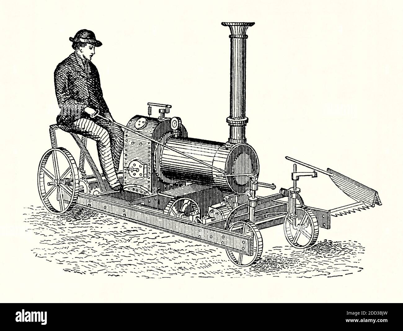 An old engraving of a steam powered lawn-mower. It is from a Victorian mechanical engineering book of the 1880s. The lawn mower was invented by Englishman Edwin Beard Budding in 1830. His hand-mower was for cutting grass on sports grounds. As an alternative to the scythe, it could cut closer to the ground. Horses were used to pull larger mowers a decade later and steam-powered lawnmowers were introduced in the 1890s, but were heavy and bulky machines. It seems this earlier illustration of a small steam-powered mower is probably an artist’s impression rather than a machine that was manufactured Stock Photo