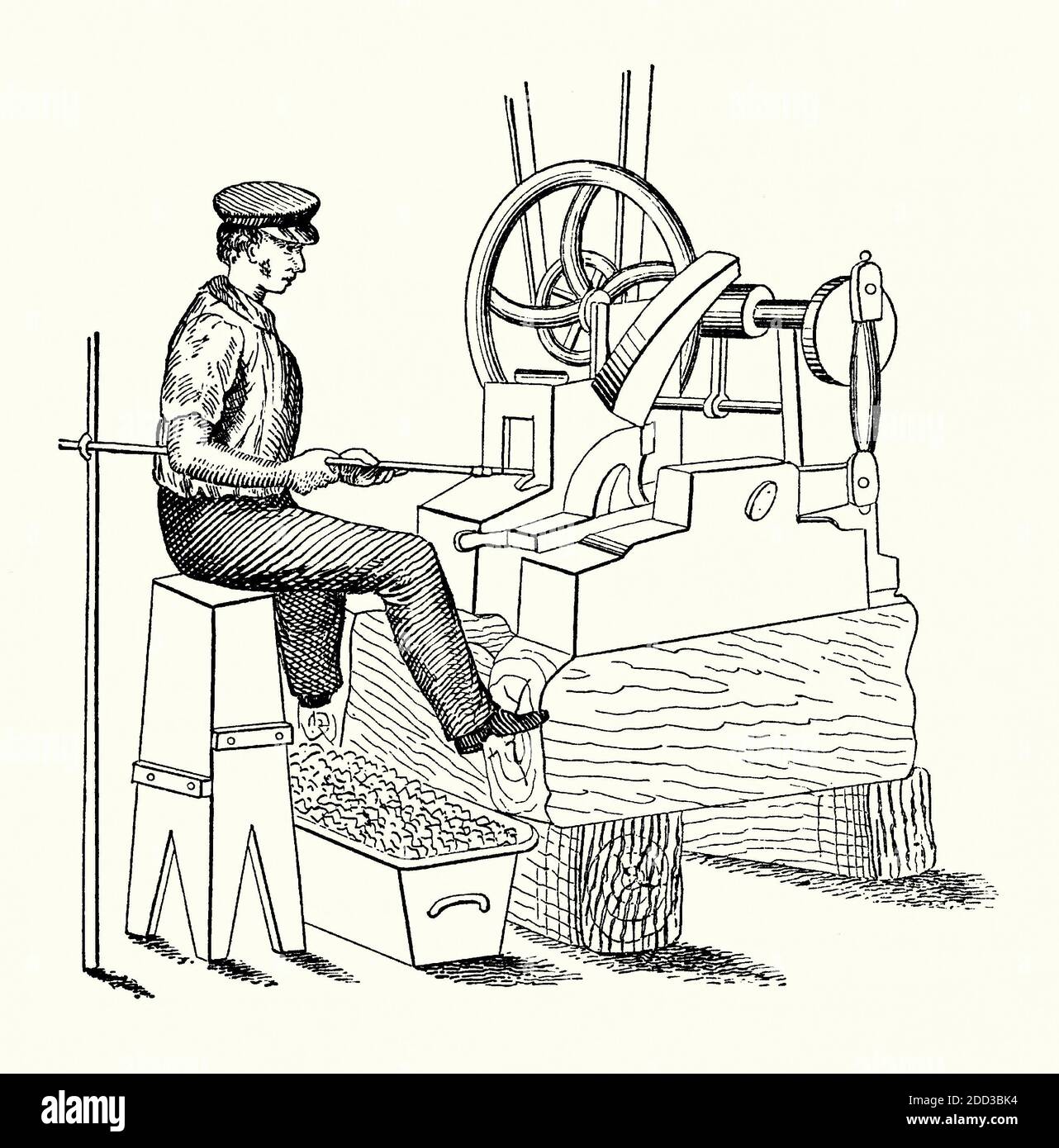 An old engraving of nail-making machine. It is from a Victorian mechanical engineering book of the 1880s. The cut-nail process was patented in the USA by Jacob Perkins in 1795. Here a sheet of iron is hand-fed into the cutting device, the blade contained within a box. The machinery is belt driven. The cut nails were collected in a tub below. Nails are also formed by using wire rather than sheet metal. Stock Photo
