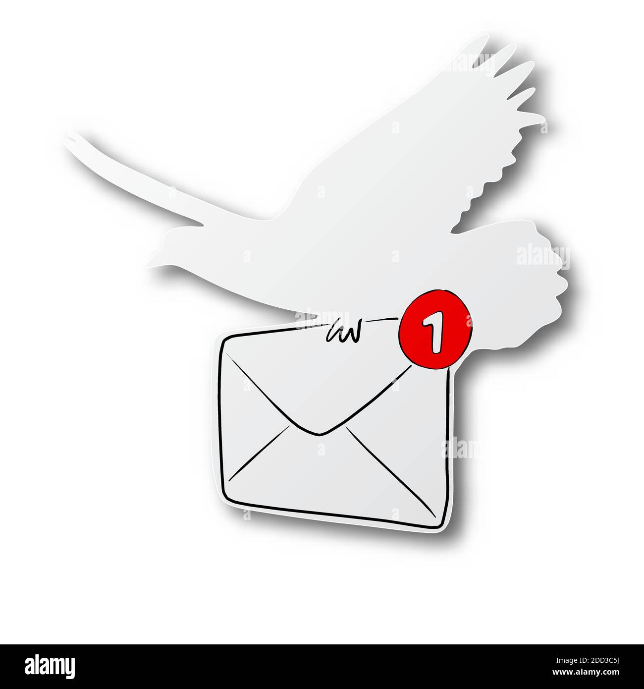 black line hand drawn of email with notification on pigeon shape cut ...