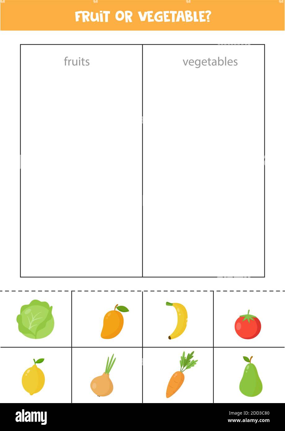fruits or vegetables sorting game for preschool kids educational logical worksheet stock vector image art alamy