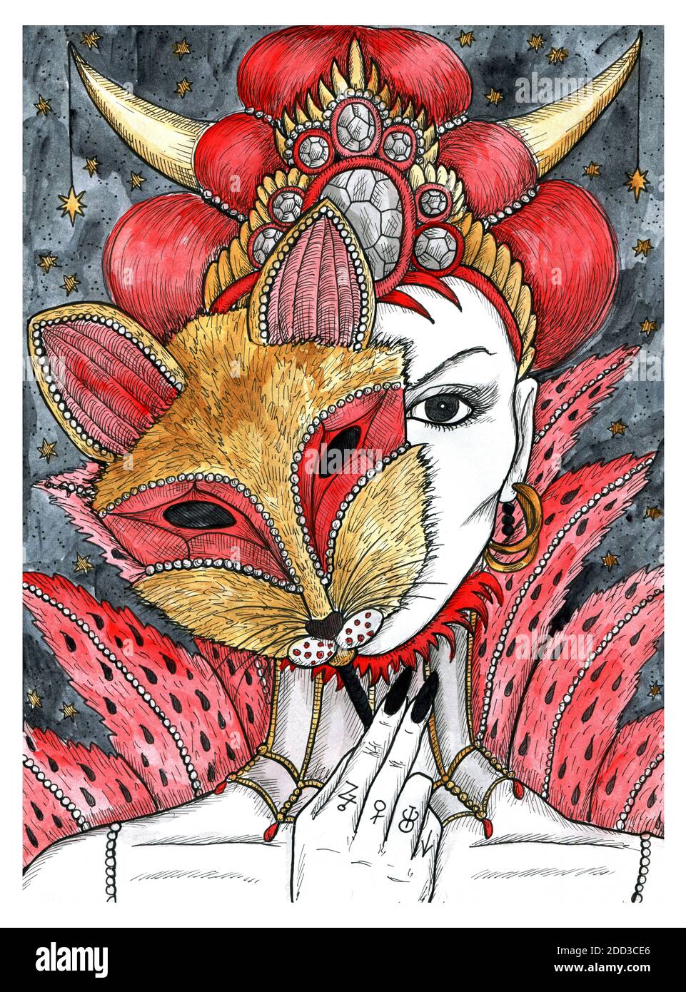 Beautiful woman with masque of fox. Colorful graphic engraved illustration. Fantasy and mystic drawing. Gothic, occult and esoteric background for Hal Stock Photo
