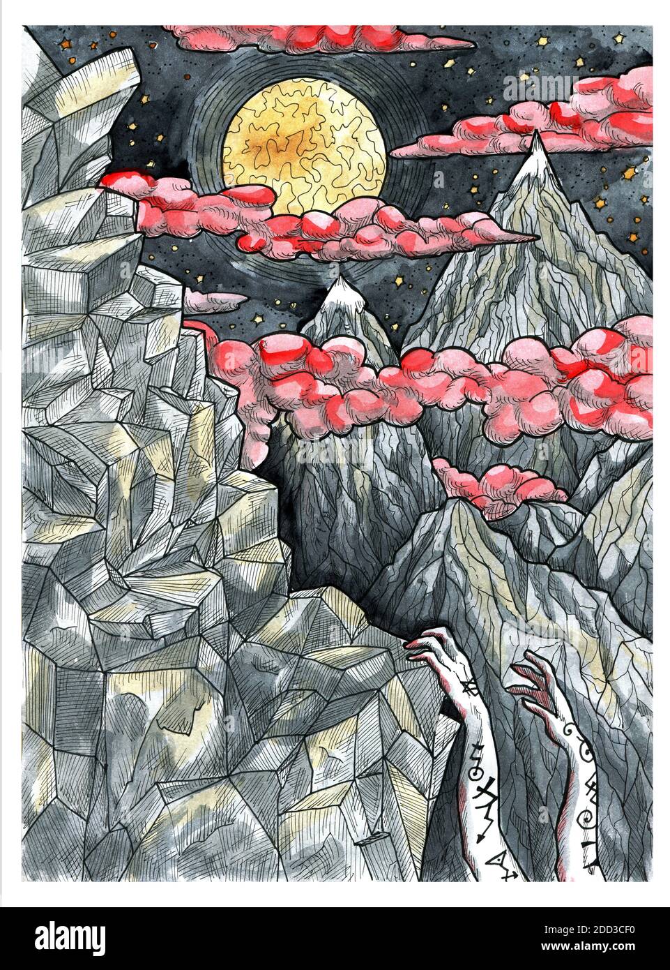 Mountain with rocks and hands of alpinist climbing against full moon ...