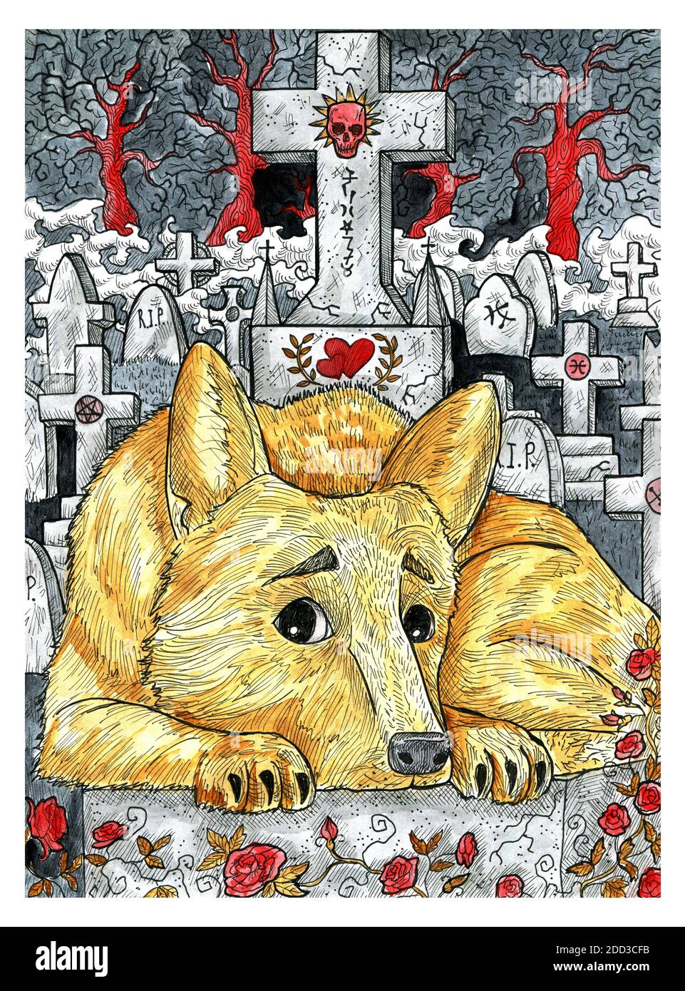 Sad dog lying on the grave of its master on scary cemetery. Colorful graphic engraved illustration. Fantasy and mystic drawing. Gothic, occult and eso Stock Photo