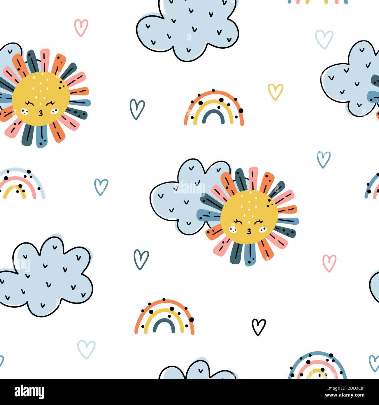 Cute colorful nursery seamless pattern with sun, clouds, rainbows and ...