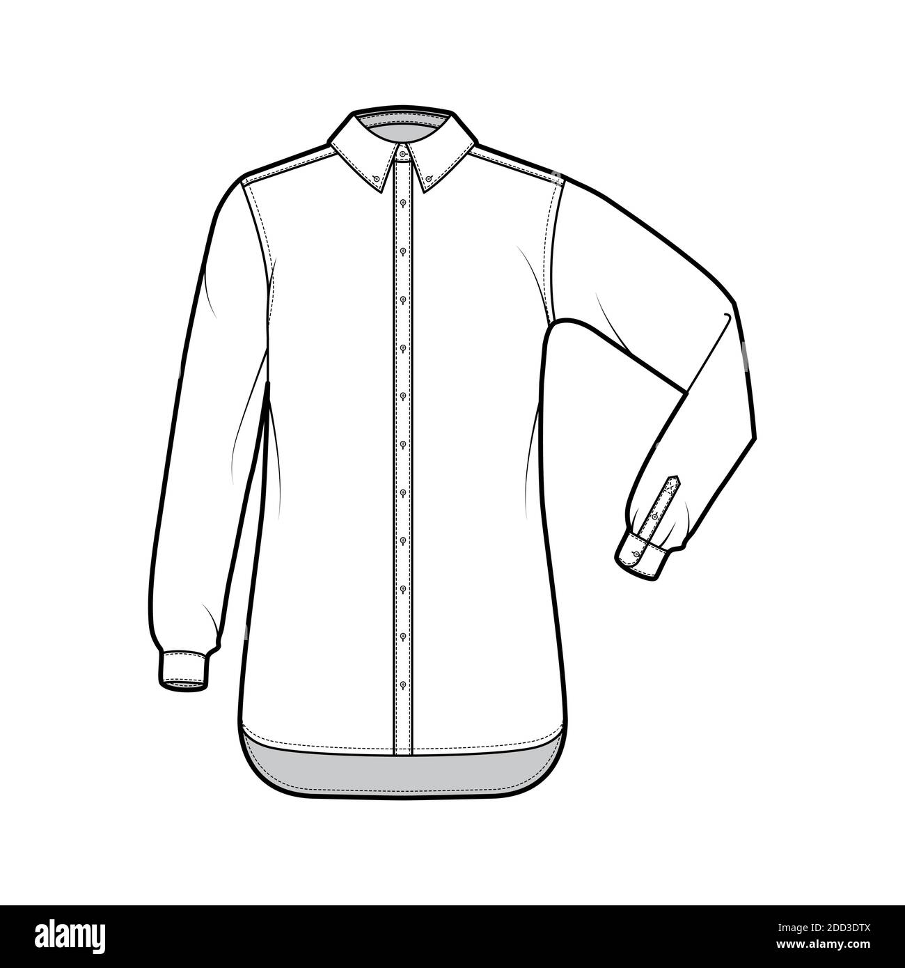 Classic shirt technical fashion illustration with elbow fold long sleeve,  relax fit, buttons fastening, regular collar. Flat apparel template front,  white color. Women men unisex top CAD mockup Stock Vector Image &