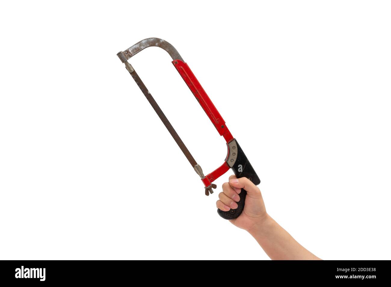 Hand of a gloved man holding a hacksaw. Isolated white background. Stock Photo