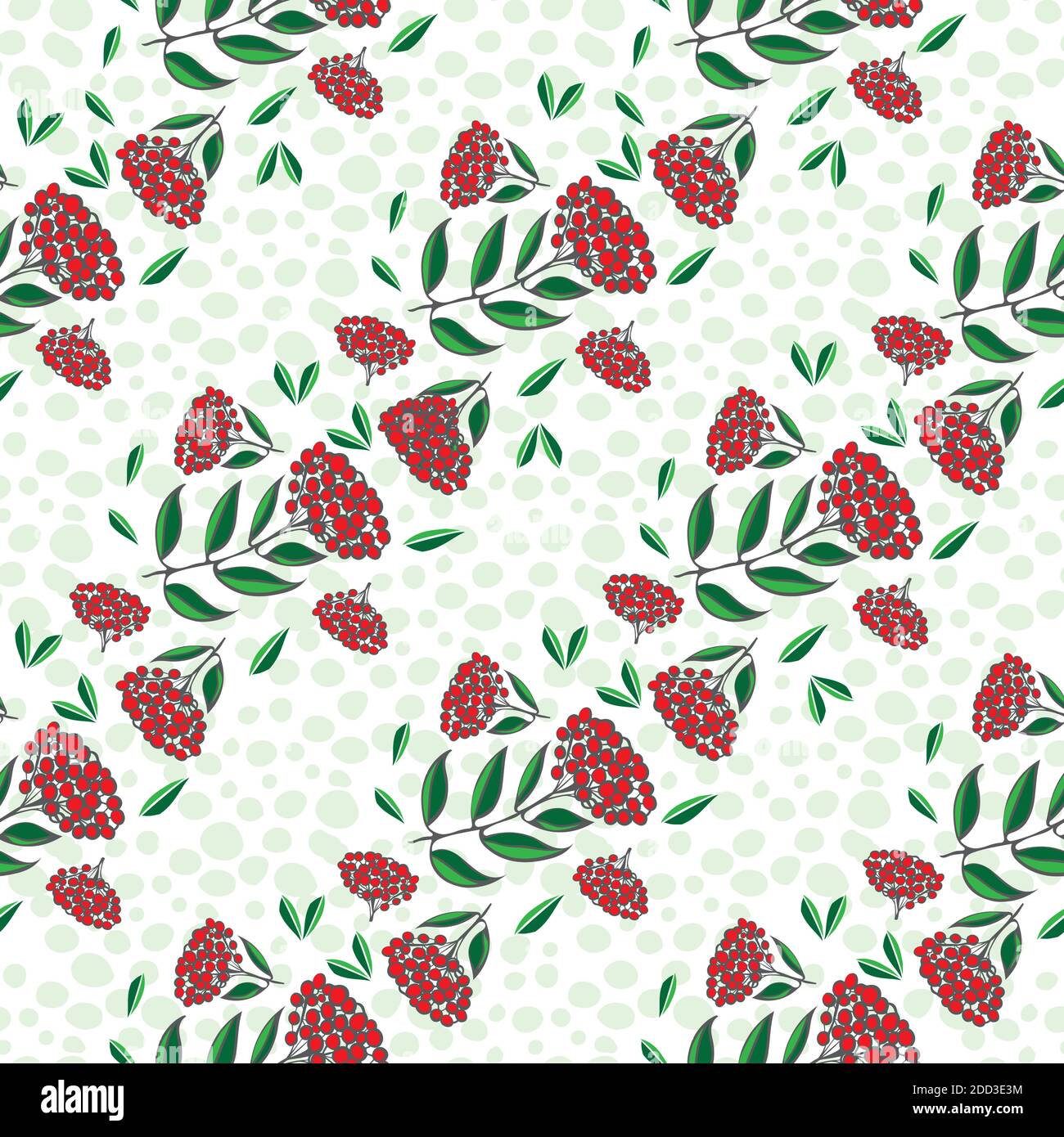 Vector garlands of cotoneaster berries and leaves. Seamless red, white, green pattern background. Backdrop with diagonal rows of hand drawn fruit and Stock Vector