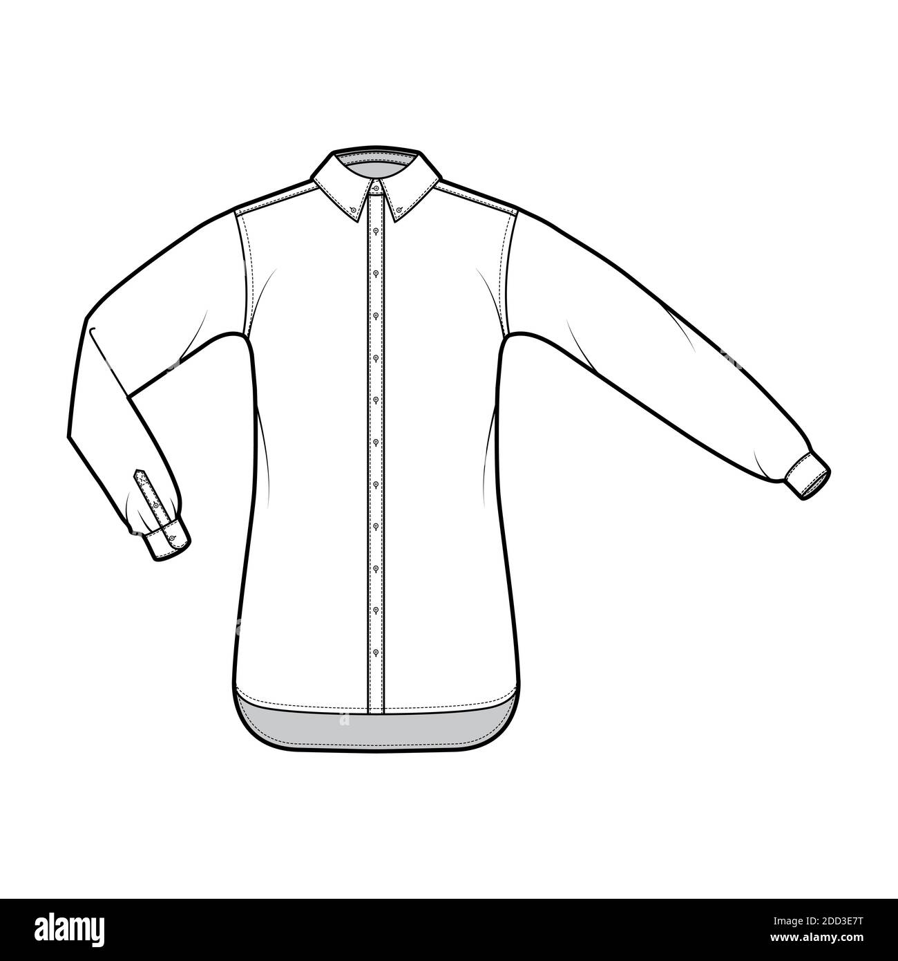 Shirt button-down technical fashion illustration with elbow fold, straight long sleeves with cuff, oversized, regular collar. Flat template front white color. Women men unisex top CAD mockup Stock Vector