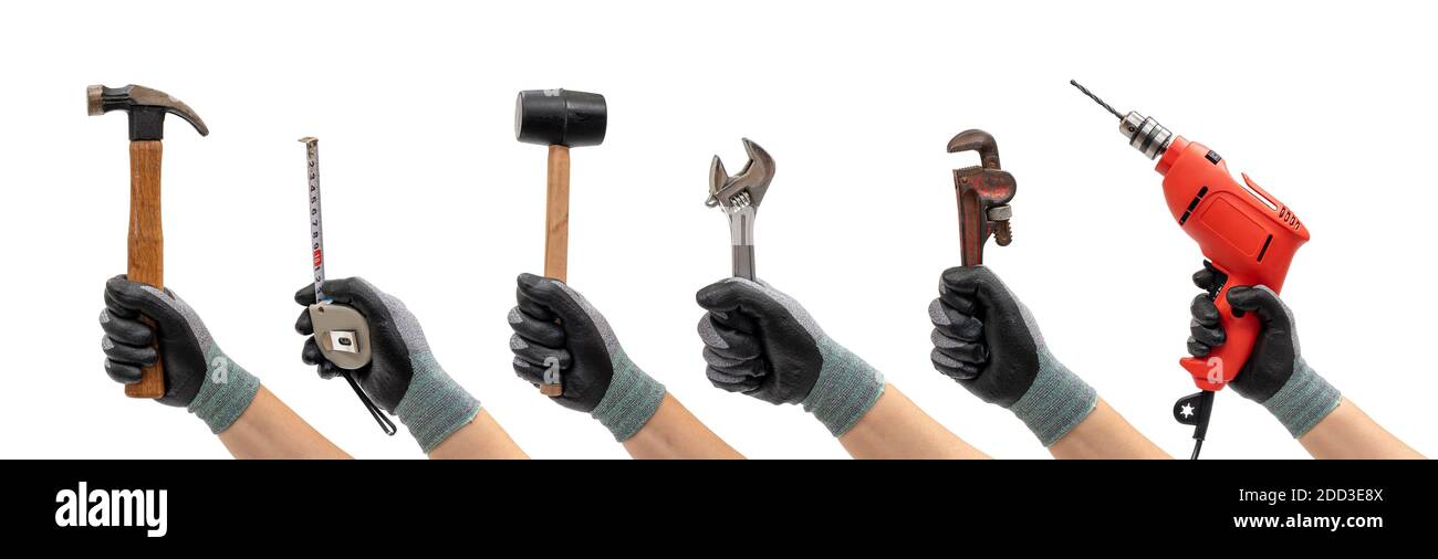 Collection of hands holding hand tools isolated white background. Diy