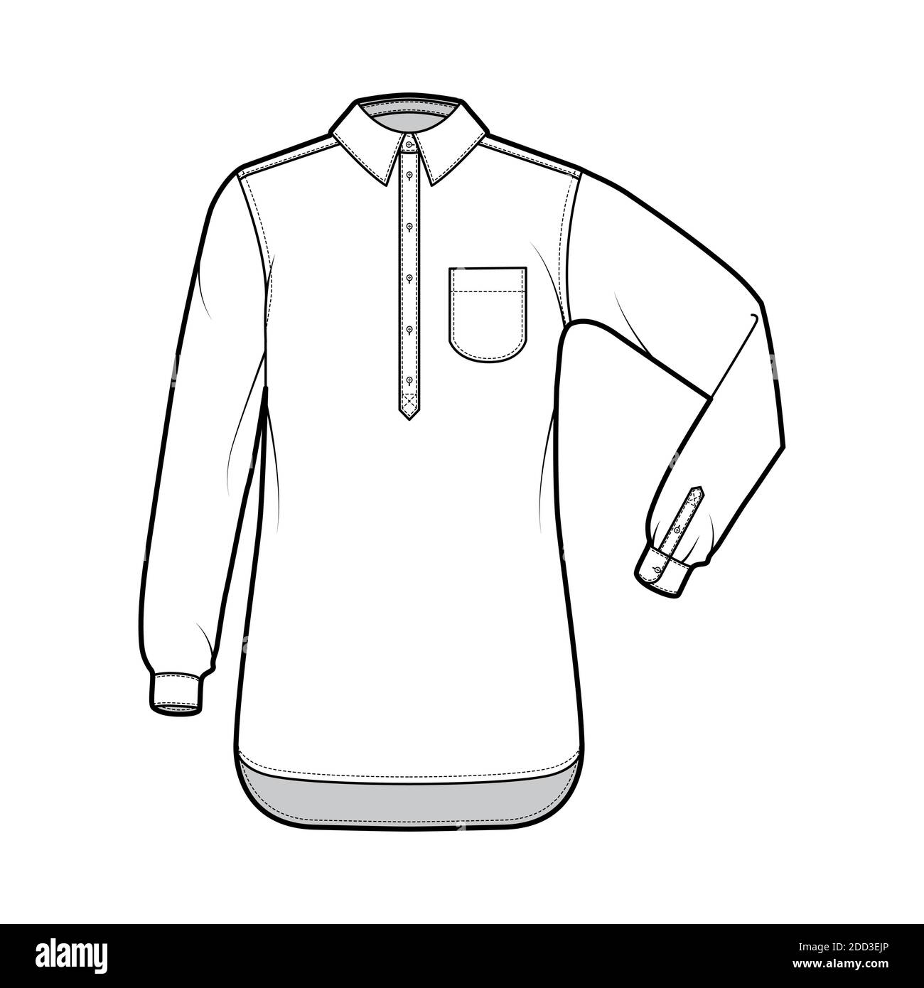 Shirt pullover technical fashion illustration with rounded pocket, elbow fold long sleeve, oversized, half placket button down. Flat template front, white color. Women men top CAD mockup Stock Vector
