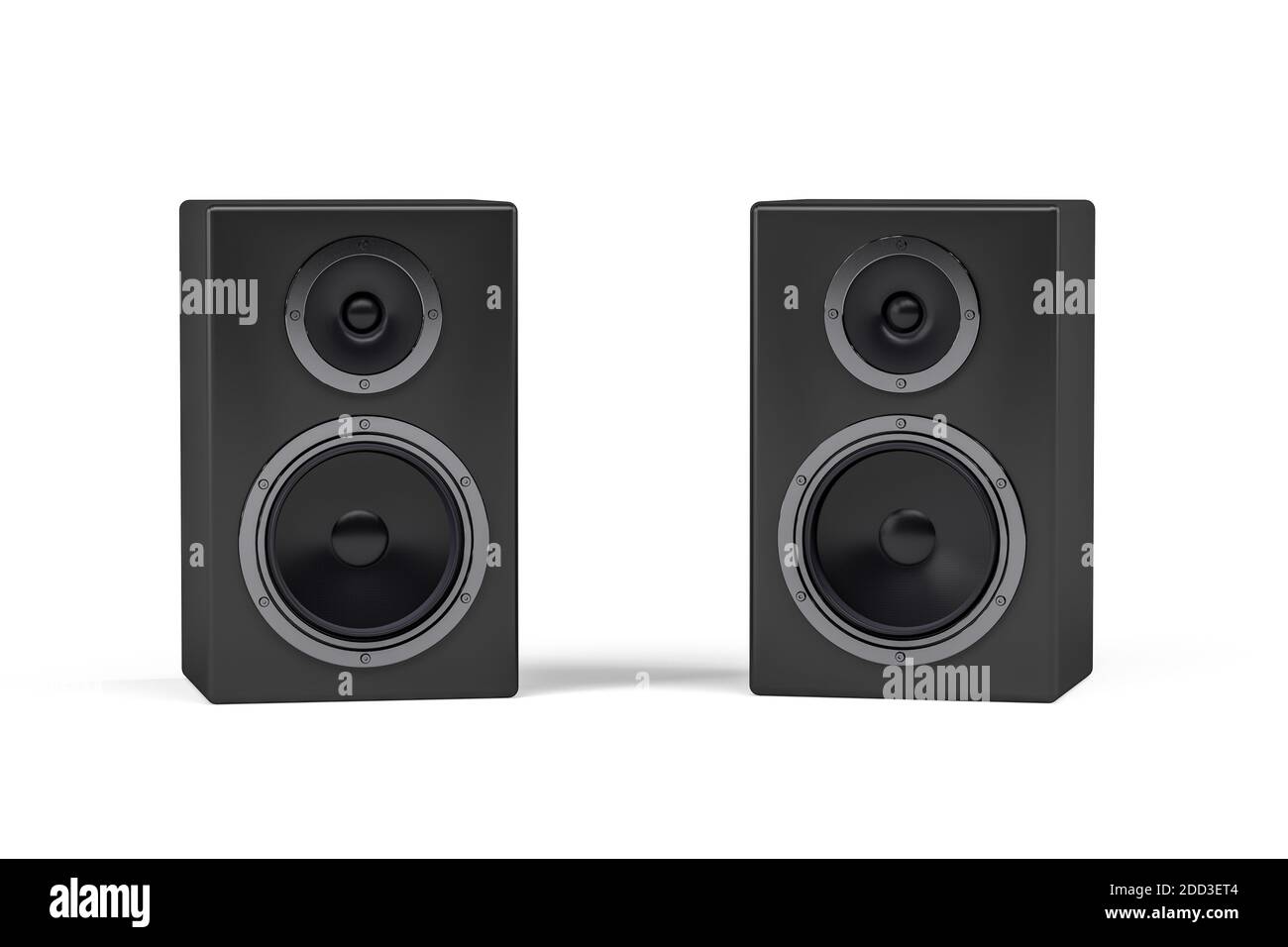 A set of two black speakers with a wooden housing on a white background