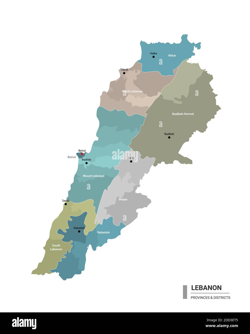 Lebanon higt detailed map with subdivisions. Administrative map of Lebanon with districts and cities name, colored by states and administrative distri Stock Vector