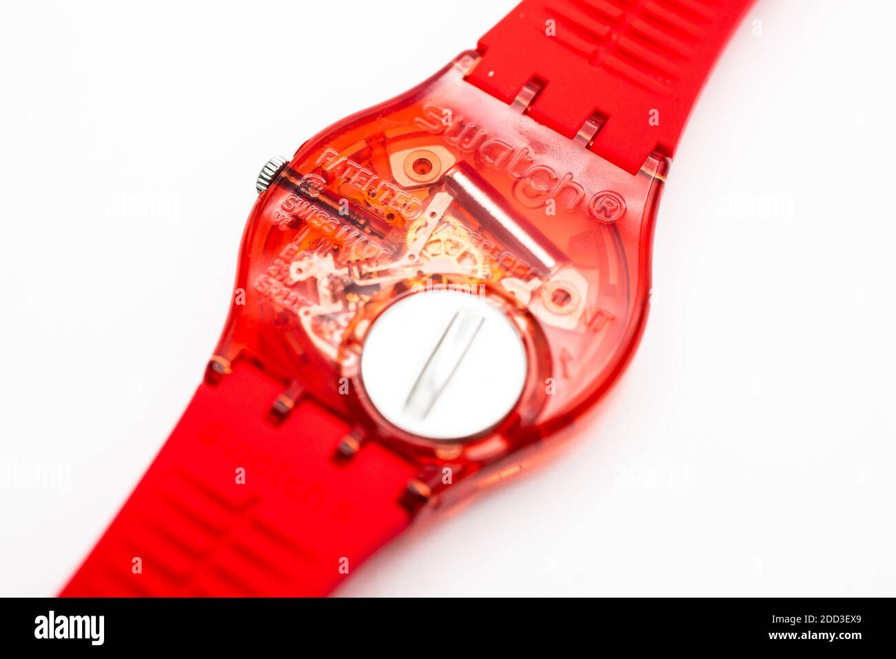 Paris, France 07.10.2020 - Swatch quartz red watch back case battery  compartmen Stock Photo - Alamy