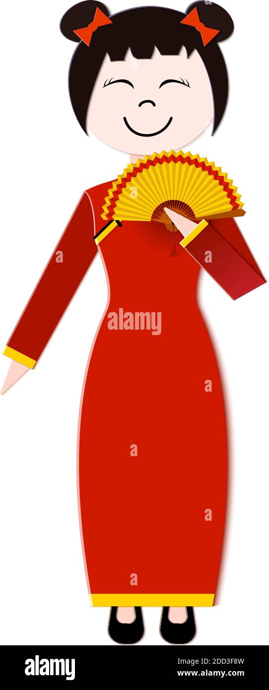 Chinese girl on white background. A paper fan in the hands of a girl in traditional Chinese costume red color. Eliments for design for the new banners Stock Vector