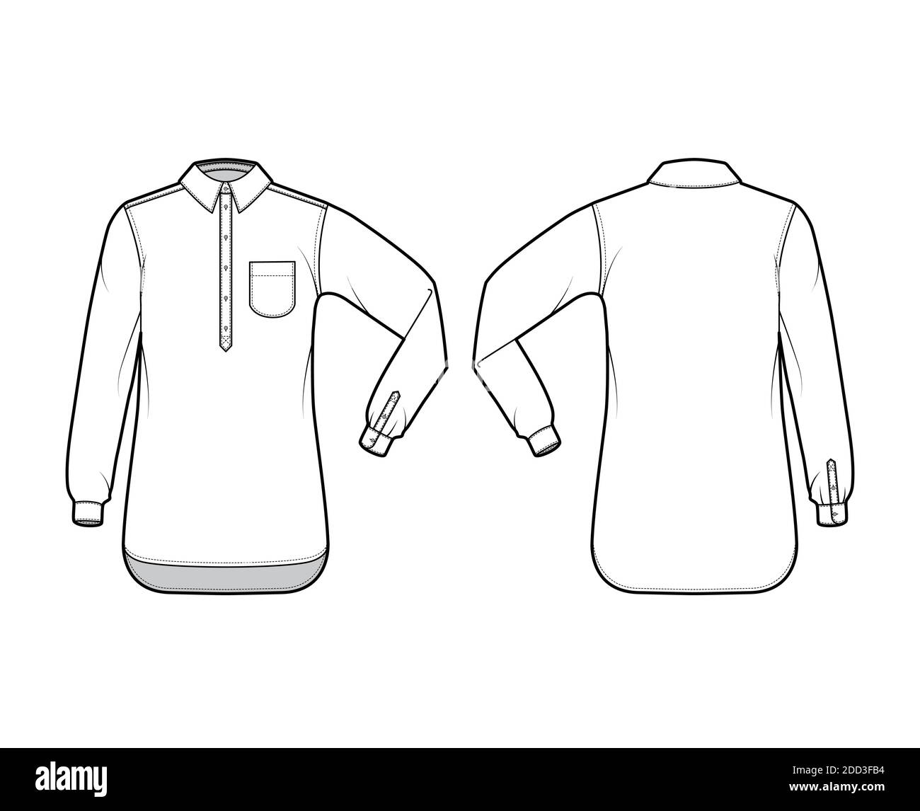 Shirt pullover technical fashion illustration with rounded pocket, elbow fold long sleeve, oversized, half placket button down. Flat template front, back white color. Women men top CAD mockup Stock Vector