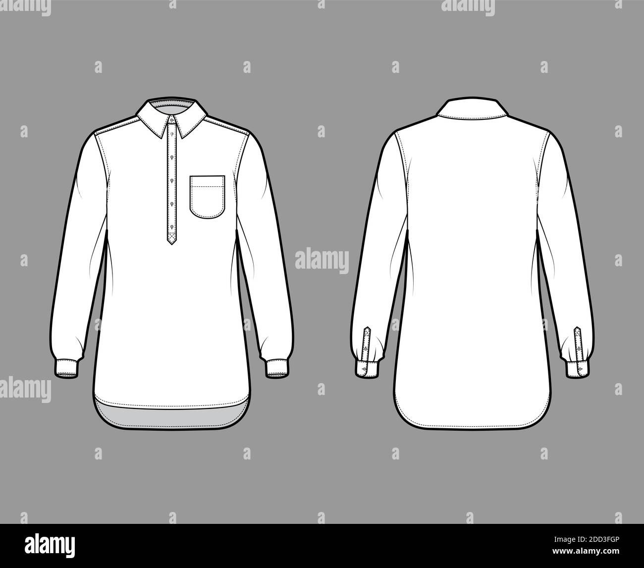 Shirt pullover technical fashion illustration with rounded pocket, long ...