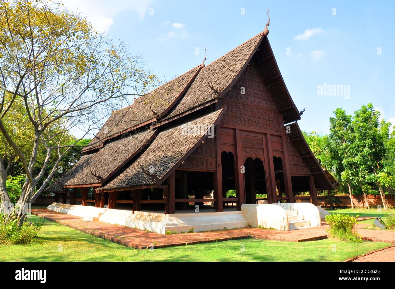 Ancient northern Thai style wooden pavilion Stock Photo