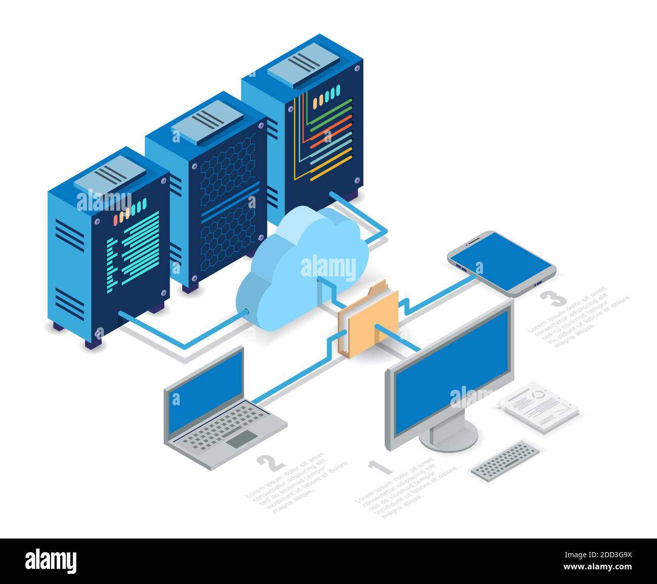 Cloud computing technology flowchart, isometric vector illustration. Stock Vector