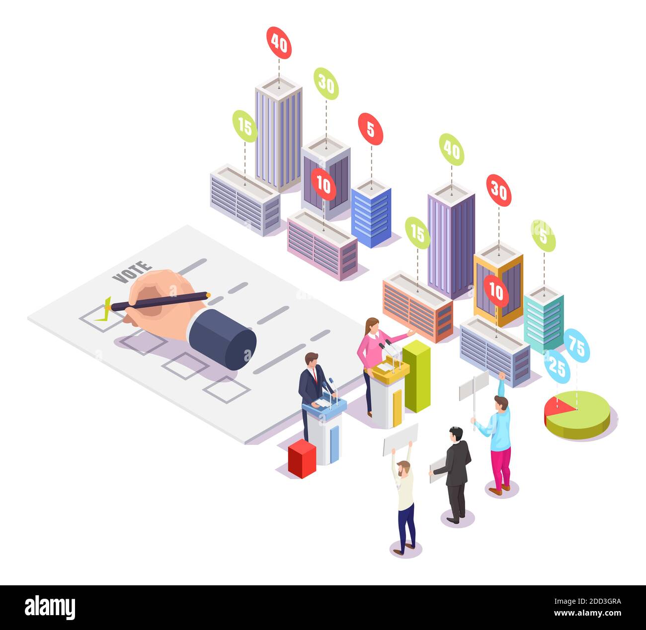Election campaign, polling day, vector isometric illustration. Political candidates speech, voters, rating statistics. Stock Vector
