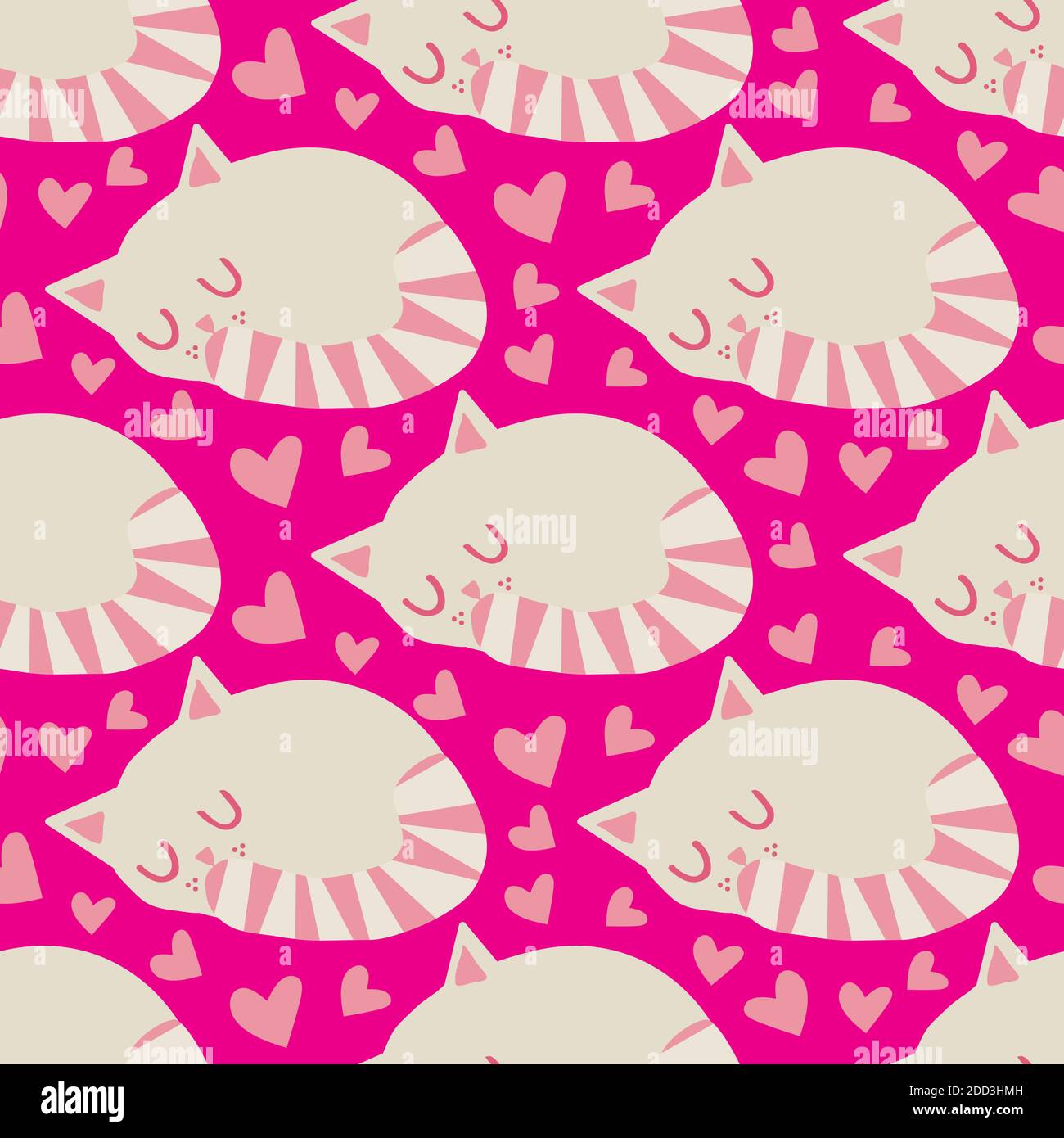 Cute sleeping kawaii cats with hearts vector seamless pattern ...