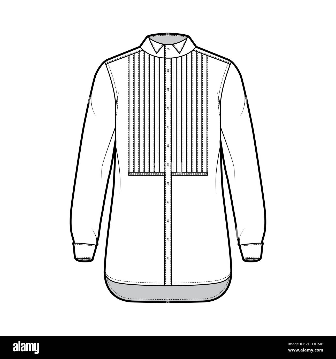 Shirt tuxedo dress technical fashion illustration with pleated pintucked bib, long sleeves with french cuff, wing collar, relax fit. Flat template front white color. Women men unisex top CAD mockup Stock Vector