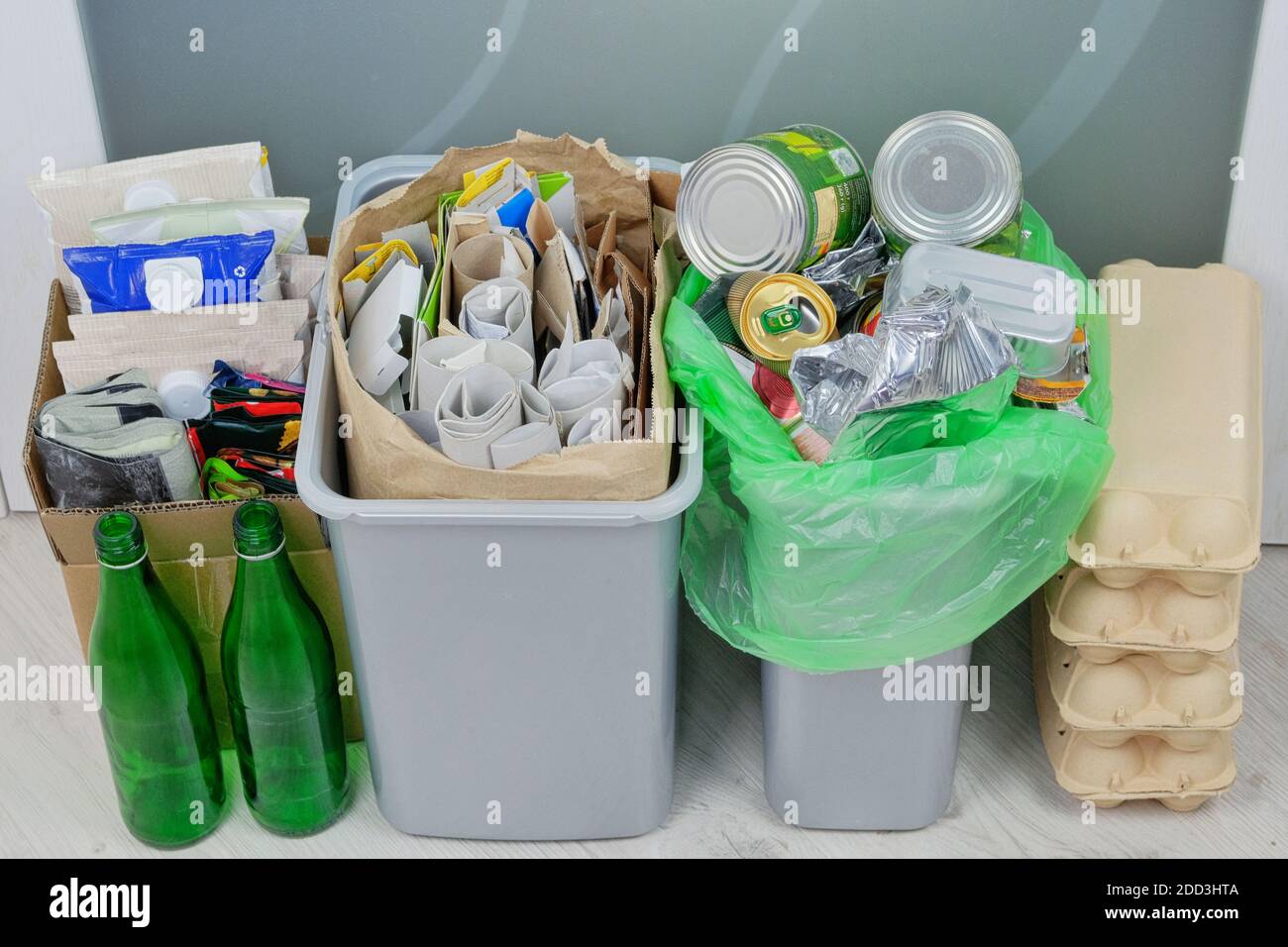 Recyclable garbage: glass, plastic, paper, cardboard, metal prepared for recycling. Waste to be recycled. Trash for recycle and reduce ecology environ Stock Photo