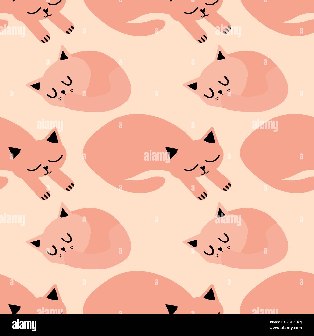 Cute sleeping kawaii cats vector seamless pattern background. Salmon pink backdrop with curled up and stretched out sleepy cartoon kitties. Hand drawn Stock Vector
