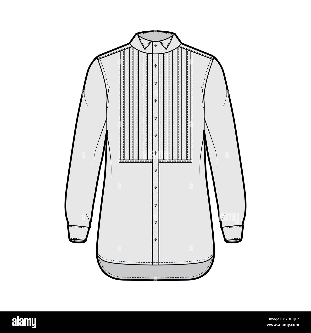 Shirt tuxedo dress technical fashion illustration with pleated pintucked bib, long sleeves with french cuff, wing collar, relax fit. Flat template front grey color. Women men unisex top CAD mockup Stock Vector