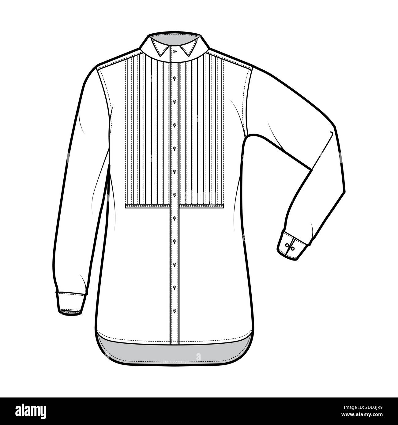 Shirt tuxedo dress technical fashion illustration with pleated pintucked bib, elbow fold long sleeves with french cuff, wing collar. Flat template front white color. Women men unisex top CAD Stock Vector