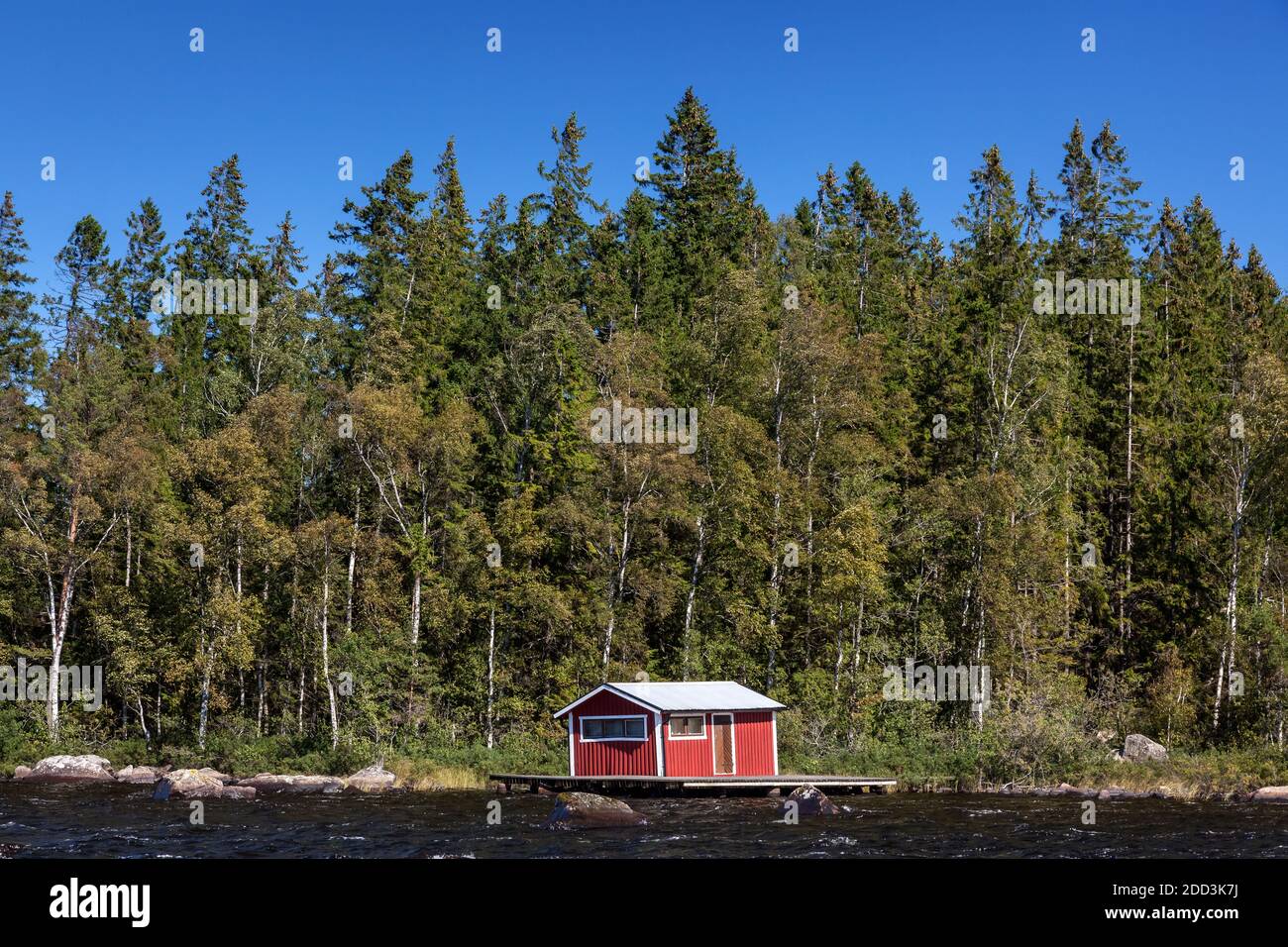geography / travel, Sweden, squid, Emmaboda, Swedish shanty on the lake Skaersjoen, Eskilsryd, Smaland, Additional-Rights-Clearance-Info-Not-Available Stock Photo