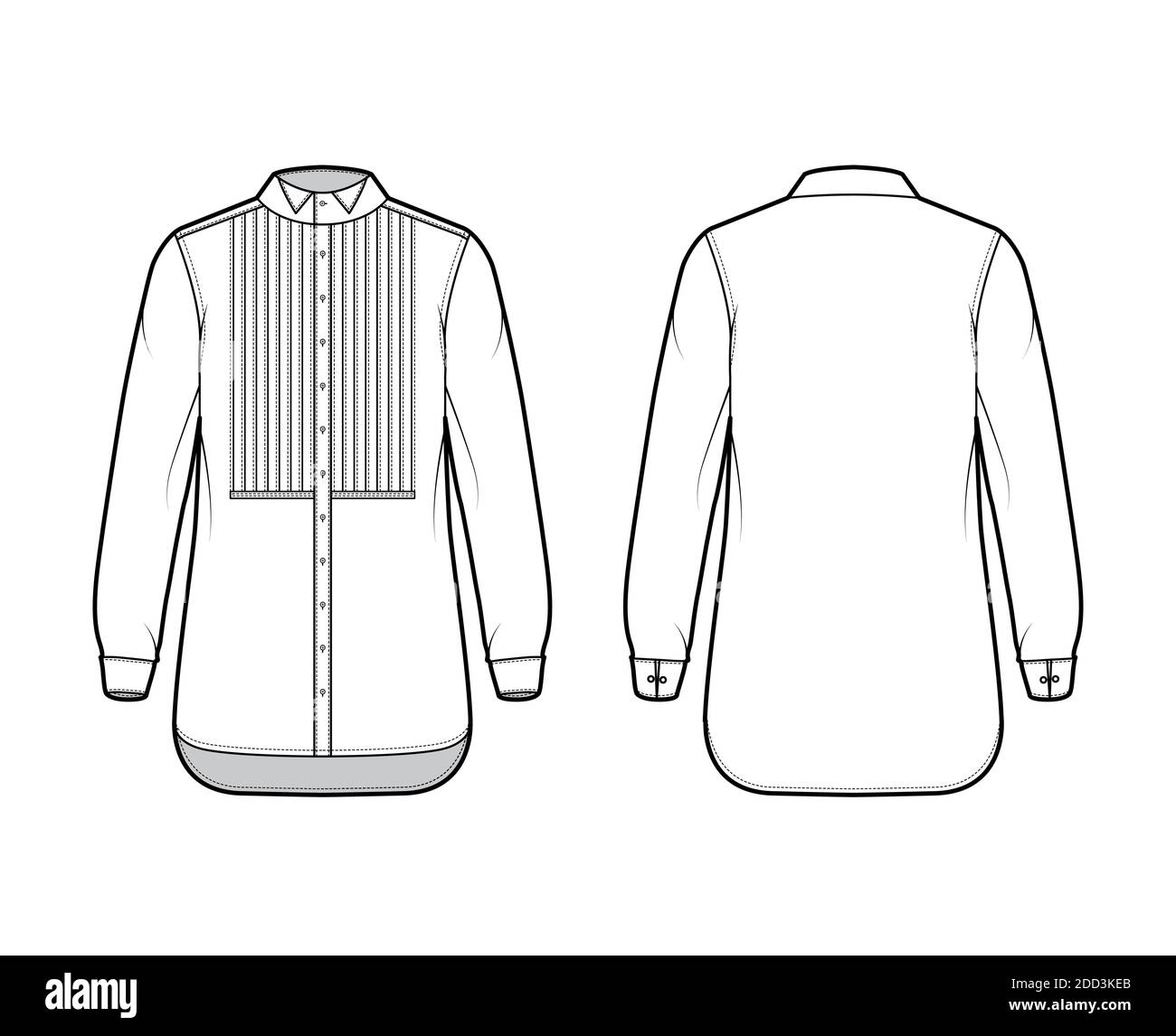Shirt tuxedo dress technical fashion illustration with pleated pintuck bib, long sleeve with french cuff, wing collar, relax fit. Flat template front back white color. Women men unisex top CAD mockup Stock Vector