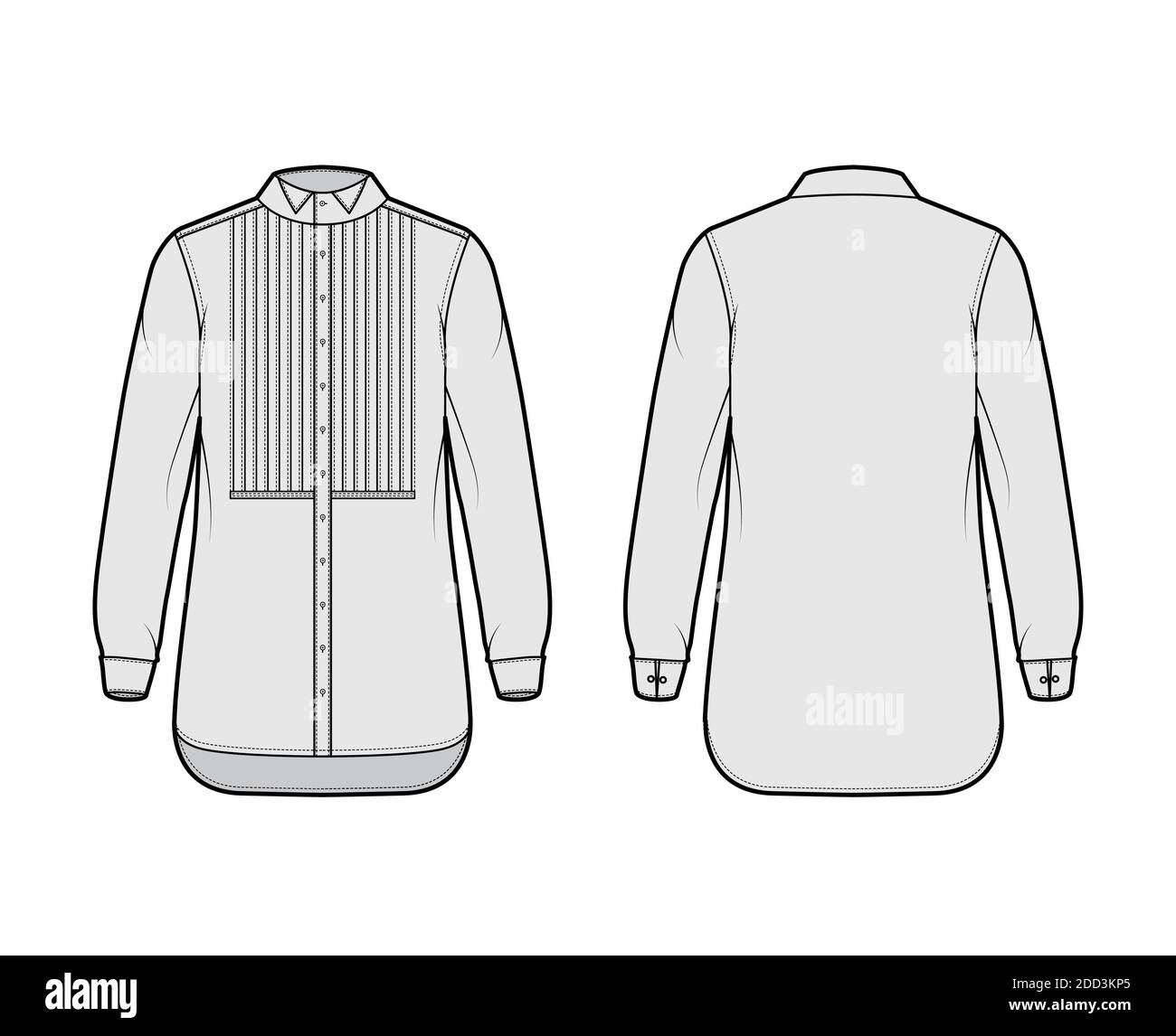 Shirt tuxedo dress technical fashion illustration with pleated pintucked bib, long sleeve with french cuff, wing collar, relax fit. Flat template front back grey color. Women men unisex top CAD mockup Stock Vector