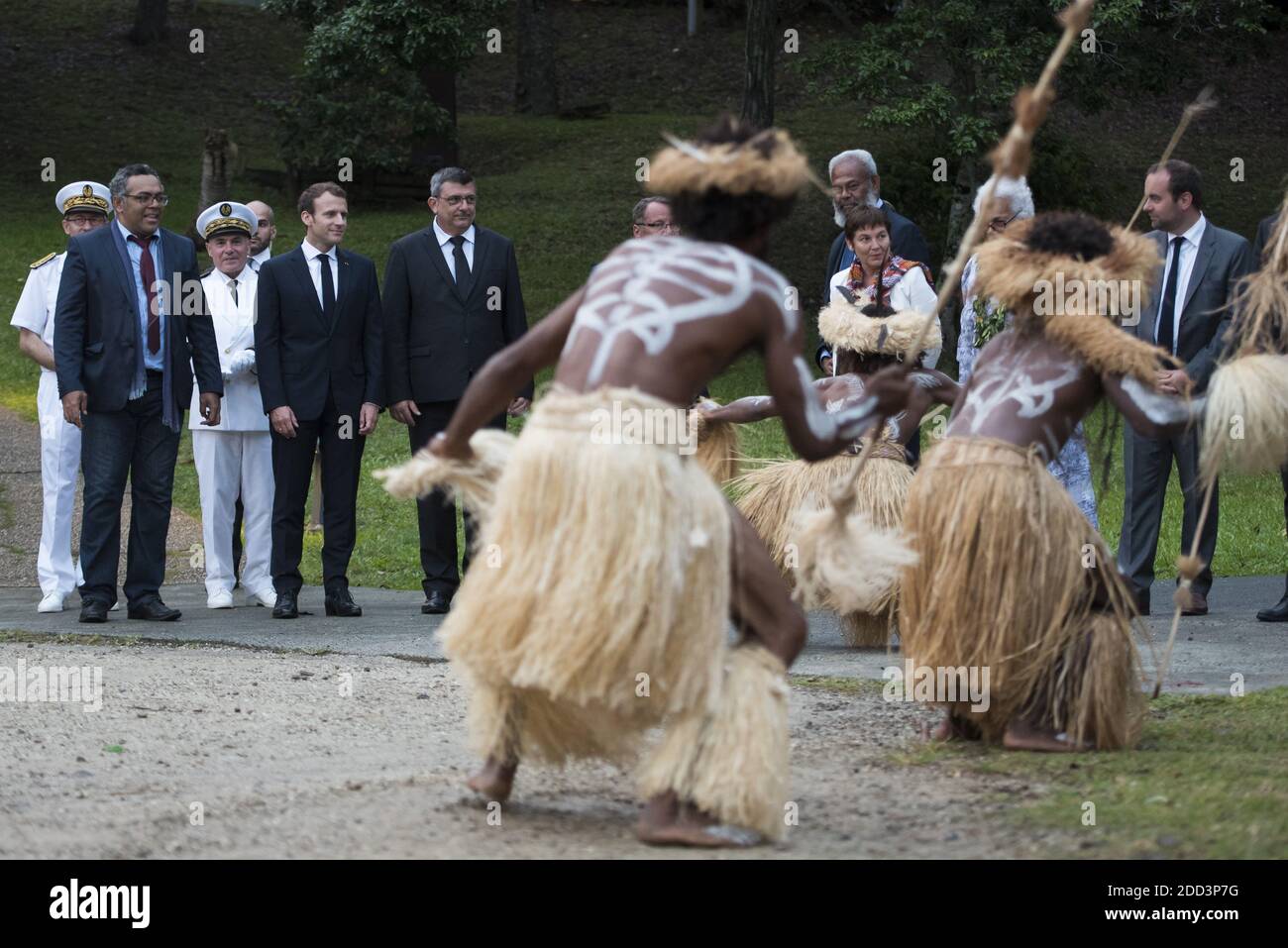 French President Emmanuel Macron (C) attends the traditional costume ceremony at the Jean-Marie Tjibaou cultural center in Noumea, New Caledonia, on May 5, 2018, at the end of his three-day visit to the French overseas territory. Photo by Eliot Blondet/ABACAPRESS.COM Stock Photo