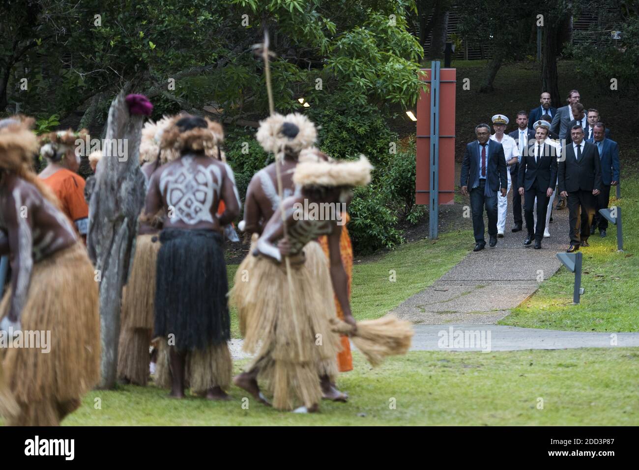 French President Emmanuel Macron (C) attends the traditional costume ceremony at the Jean-Marie Tjibaou cultural center in Noumea, New Caledonia, on May 5, 2018, at the end of his three-day visit to the French overseas territory. Photo by Eliot Blondet/ABACAPRESS.COM Stock Photo