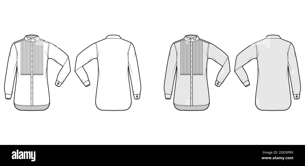 Shirt tuxedo dress technical fashion illustration with pleated pintucked bib, elbow fold long sleeves with french cuff, wing collar. Flat template front back white grey color. Women men unisex top CAD Stock Vector