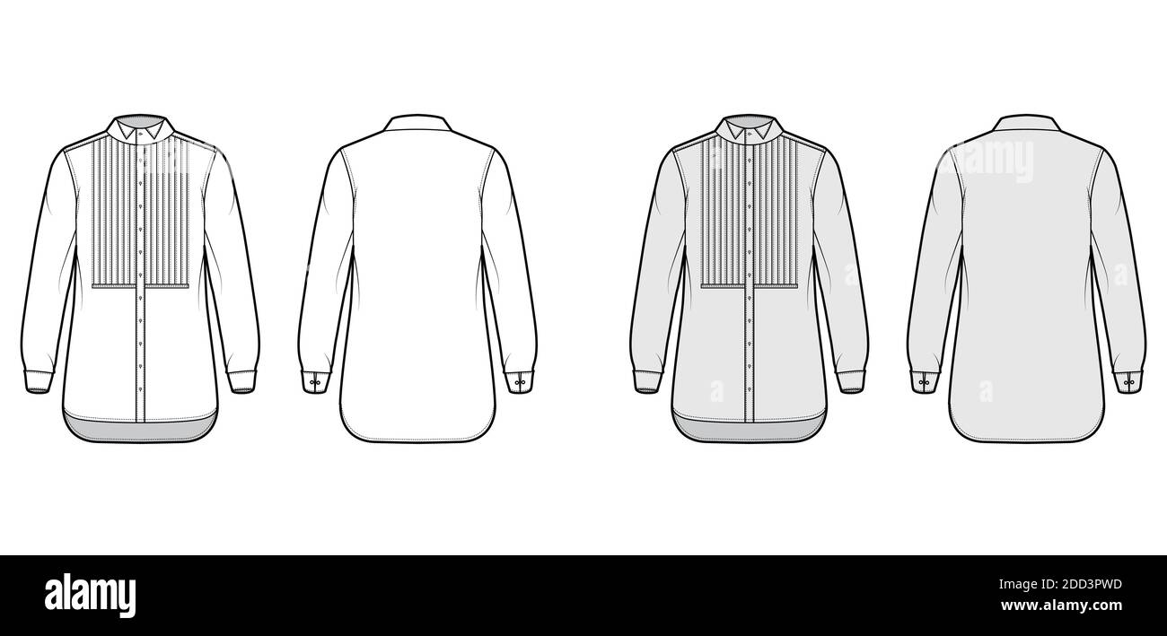 Shirt tuxedo dress technical fashion illustration with pleated pintucked bib, long sleeves with french cuff, wing collar, relax fit. Flat template front back white grey color. Women men unisex top CAD Stock Vector