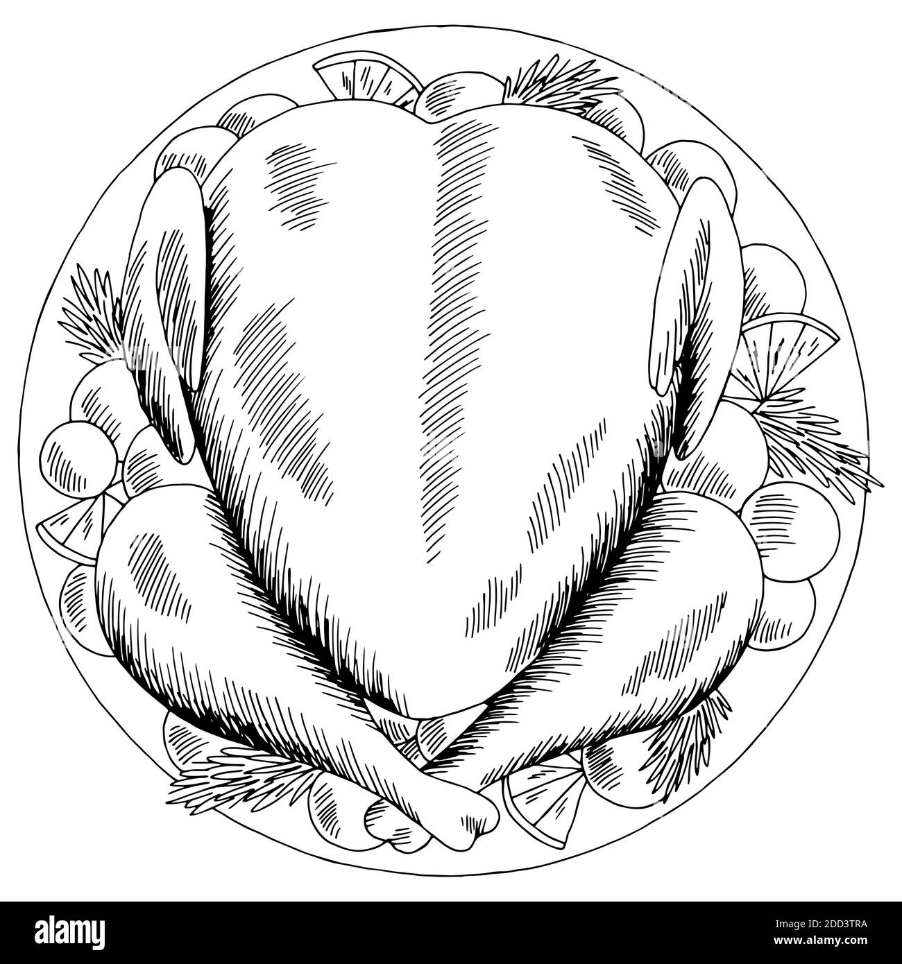 Roasted turkey Thanksgiving Day graphic black white top sketch aerial view isolated illustration vector Stock Vector
