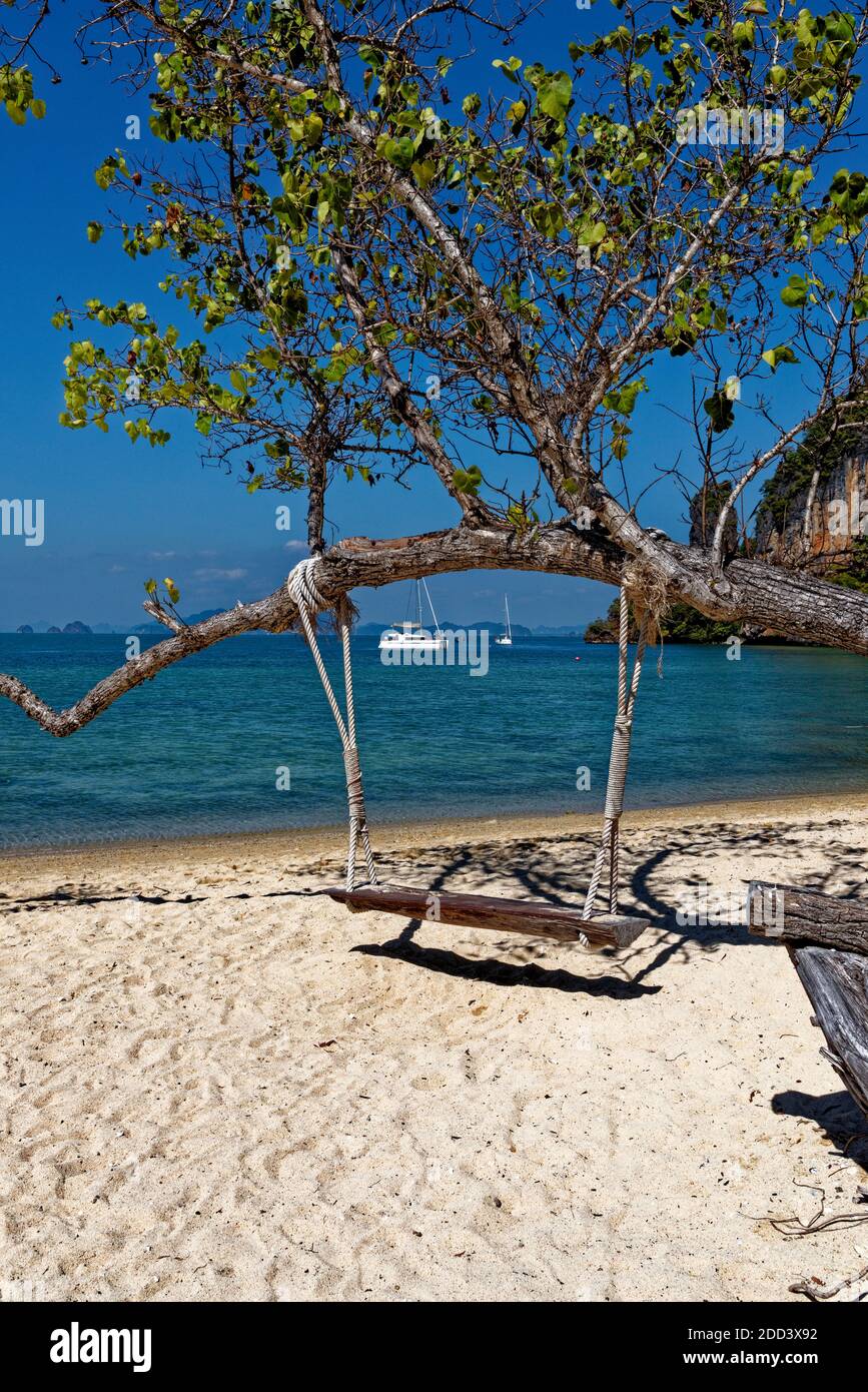 Wooden swing hang under tree at the beach Koh Phak Bia Island, Krabi